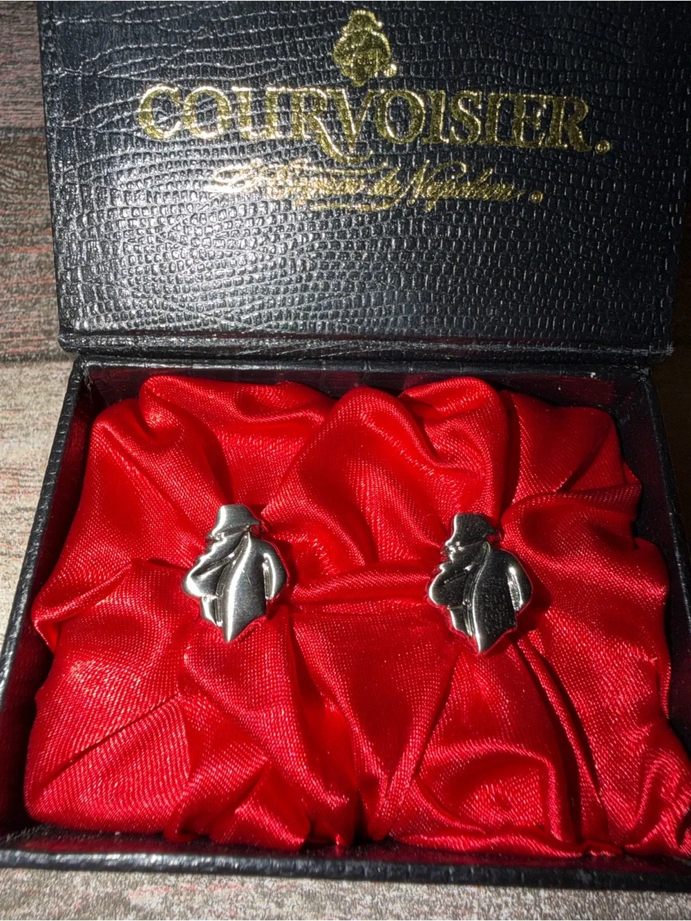 Courvoisier Silver Tone Figural Cufflinks on Red Satin